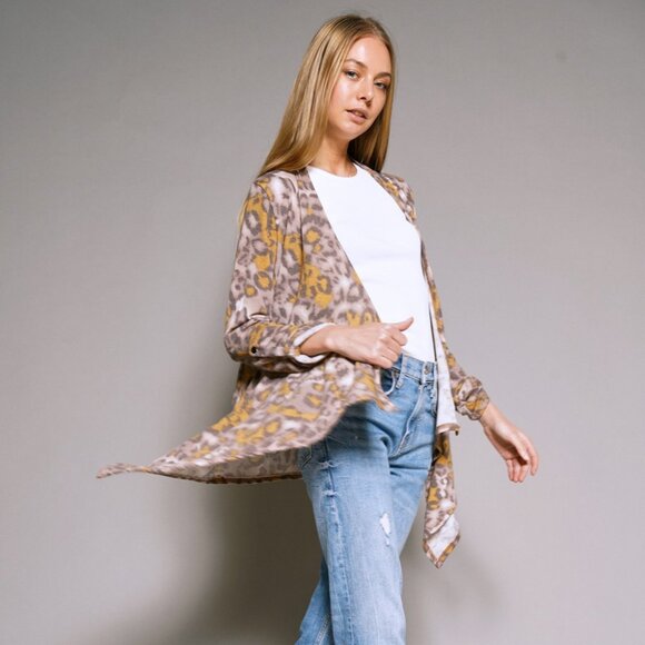 MYSTREE Leopard Print Waterfall Cardigan Brown Mustard Draped Open Front - Picture 6 of 8